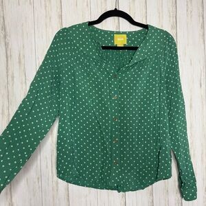 Anthropologie Maeve Green Polka Dot Button Down Blouse XS